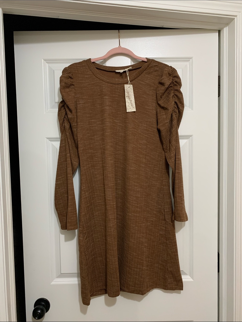 Mystree Chestnut Brown Long Sleeve Ruched Shoulder Knit Dress